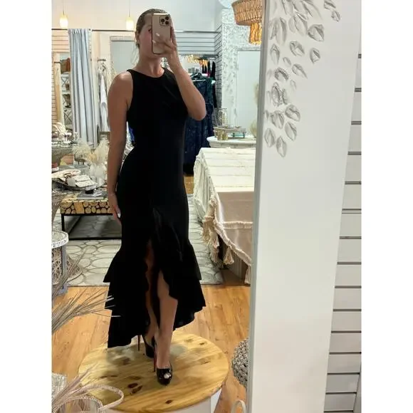 Betsy & Adam Arielle Scuba Crepe Ruffle Slit Asymmetrical Maxi Gown Black Size 8 - Picture 10 of 12